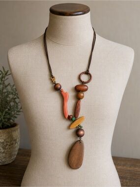 Handcrafted Wooden Pendant Necklace in Brown, Orange & Yellow